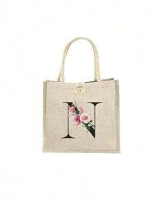 1 pieza Bolso de mano con flor de lino y letra, bolso de gran capacidad sencillo, bolso de almacenamiento casual portátil, bolsa de compras multifuncional, bolsa de regalo personalizada, adecuada para bodas, cumpleaños, playas, festivales, regalos perfectos para mujeres, maestros, amigos, damas de honor, bolsos grandes, estudiantes y vuelta a clases