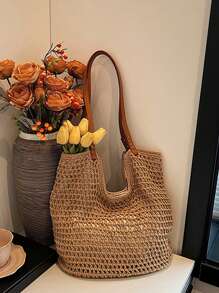 Yogodlns Nuevas bolsas de mano totes con diseño calado para mujer, de gran capacidad, tejidas de paja, bolso de hombro estilo vintage para viajes y playa, bolsa de compras
