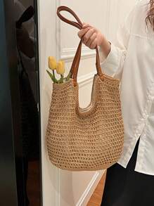 Yogodlns Nuevas bolsas de mano totes con diseño calado para mujer, de gran capacidad, tejidas de paja, bolso de hombro estilo vintage para viajes y playa, bolsa de compras