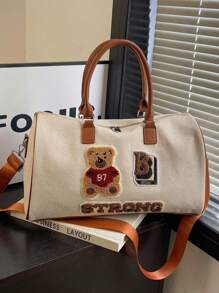 Cartoon Embroidery Unisex Short Trip Bag, Fashion Large Capacity Travel Duffle Bag For Commute, Work, Weekend Getaway, Maternity Tote Bag, Cute Bear Students Lightweight Gym Bag, Khaki, Fits Trolley