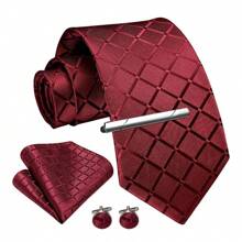 4pcs/Set Men's Fashion Plaid Necktie, Silk Satin Tie, Pocket Square, Cufflinks And Silvery Tie Clip Combo Gift Set, Suitable For Groom, Groomsman, Wedding, Business, Graduation, Evening Party, Perfectly Match Tuxedo To Make You Stand Out - Four-piece Set - View 15