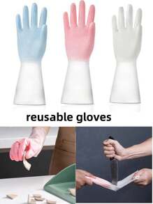 加厚手套家用橡胶PVC清洁手套可重复使用防水乳胶手套厨房洗碗手套洗衣手套防滑家居清洁和食品处理用手套（白色袖位印有随机图案） - 彩色 - 查看 1