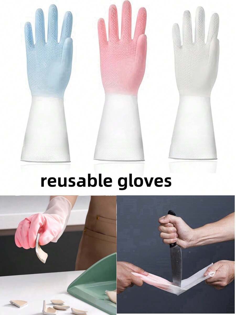 加厚手套家用橡胶PVC清洁手套可重复使用防水乳胶手套厨房洗碗手套洗衣手套防滑家居清洁和食品处理用手套（白色袖位印有随机图案） - 彩色 - 查看 1