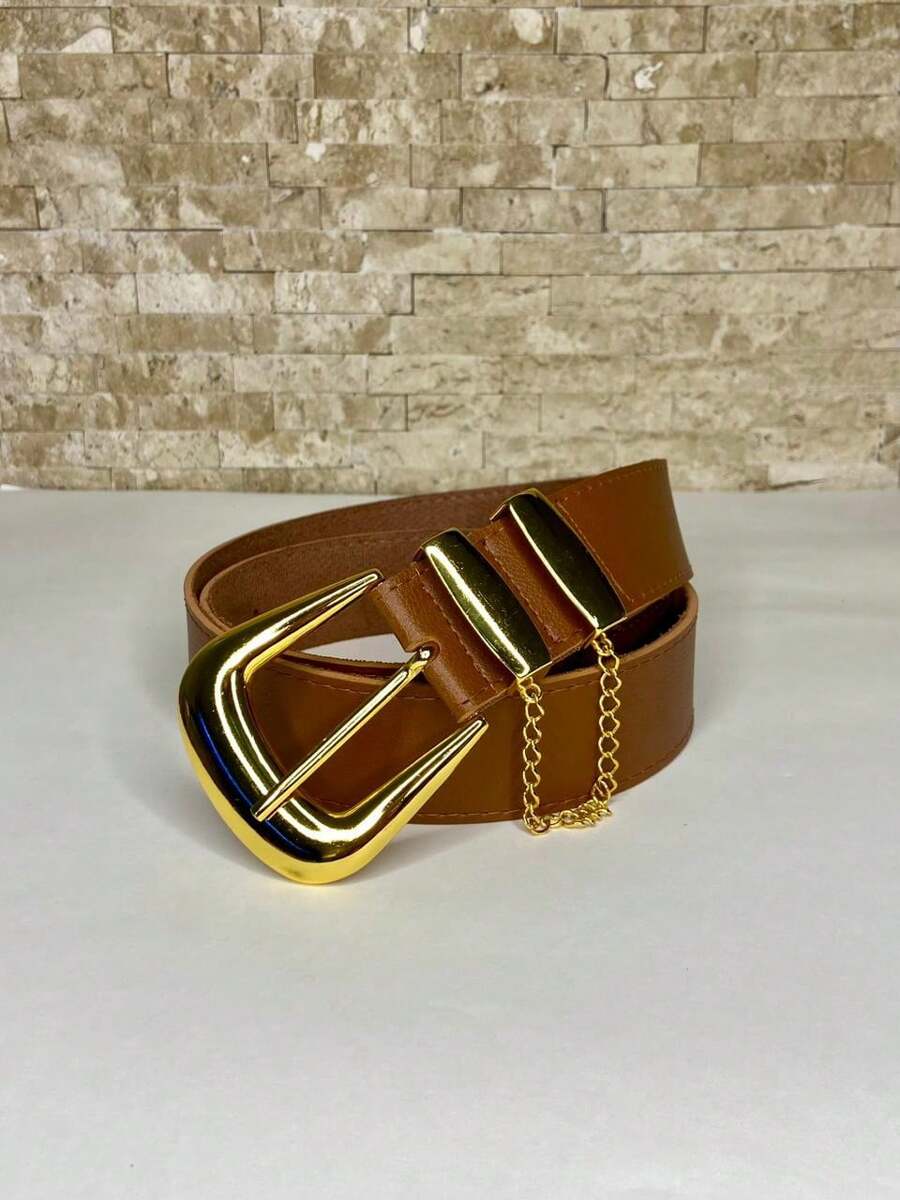 Belt With Gold Chain LoopPU Leather - Camel - View 1