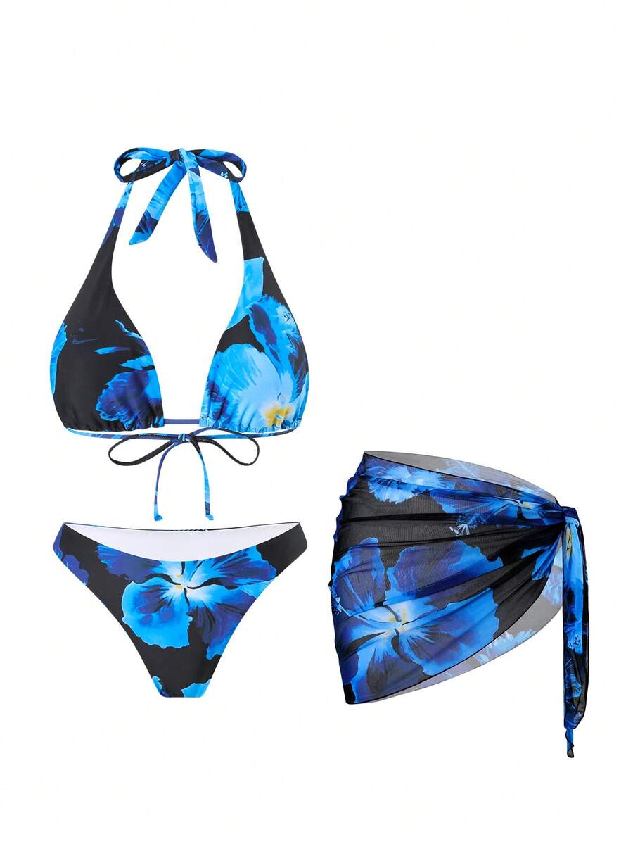 Damski kwiatowy nadruk bikini góra, pasujące dolne części, spódnica zakrywająca strój kąpielowy