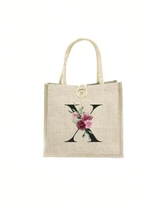 1 pieza Bolso de mano con flor de lino y letra, bolso de gran capacidad sencillo, bolso de almacenamiento casual portátil, bolsa de compras multifuncional, bolsa de regalo personalizada, adecuada para bodas, cumpleaños, playas, festivales, regalos perfectos para mujeres, maestros, amigos, damas de honor, bolsos grandes, estudiantes y vuelta a clases