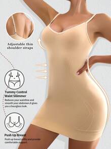 Women Shapewear Seamless Waist Slip Dress With Built-In Bra, Adjustable Shoulder Straps - Apricot - View 3