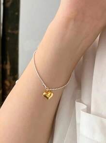 1pc S925 Sterling Silver Bracelet, Stylish Chain Gold Heart Pendant Minimalist Necklace, Personalized Charm Jewelry Gift For Women - Silver - View 2