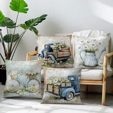 4pcs Vintage Watercolor Daisy Truck Bicycle Pillow Case Set, Single-Sided Soft Peach Velvet Fabric, 40*40/45*45/50*50CM Cushion Cover Suitable For Indoor Decor, Party, Gift - Multicolor - View 6