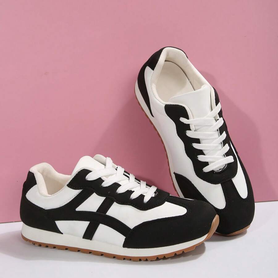 2025 新款春秋休闲时尚尖头系带坡跟厚底女鞋，户外派对风格，返校季 - 黑色 - 查看 1