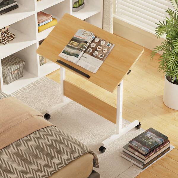 Mesa Elevadora Móvil de Oficina - Mesa de Ordenador con Compartimento para Tarjetas + Cajón Pequeño + Función Plegable, 80x40x64-89cm, Acero Inoxidable + Madera, Ángulo de Inclinación