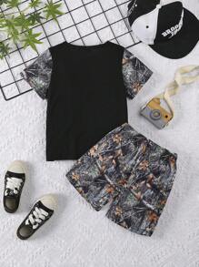Toddler Boys Maple Leaf Digital Print Top + Shorts Set, Suitable For Outdoor Sports Wear - Fit For Boys And Girls