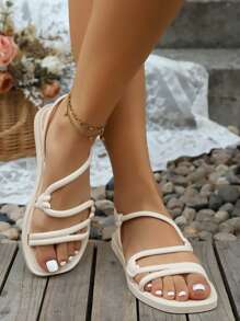 女士罗马风格凉鞋，全新夏季休闲百搭厚底软底沙滩鞋 - 米色 - 查看 3