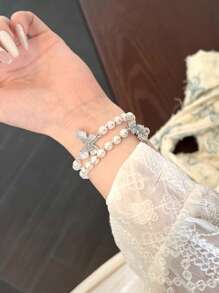 1 件女式白色精致水钻蝴蝶串珠弹性表带，兼容 38/40/41/44/45/49/42/46mm S11/SE3/Ultra3/Ultra/SE/SE2/10/9/8/7/6/5/4/3/2/1 - 白珍珠-藍色蝴蝶 - 查看 5