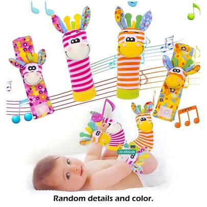 1Set Of 4pcs 2 Socks And 2 Wrist Straps Baby Early Sensory Toys Cartoon Animal Wrist Ring Socks Baby Wrist Band Socks Set