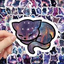 Pacote com 50 adesivos fofos de gato galáxia, adesivos decorativos à prova d'água para laptop, skate, capacete, capa de celular, adesivos foscos, formas assimétricas descartáveis, decoração de festa, artesanato faça você mesmo, presente fofo