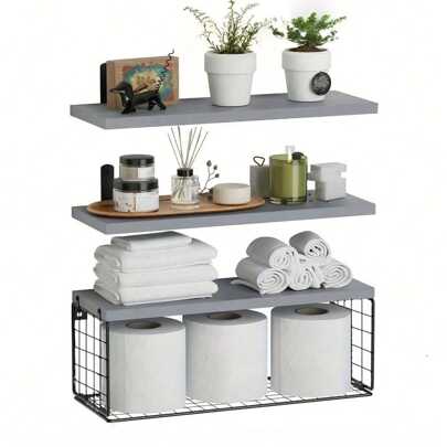 1 Set Floating Shelf, Wall Mounted Wood Bath Organizer, Kitchen Storage Basket, Iron Grid Rack, Minimalist Modern Solid Wood