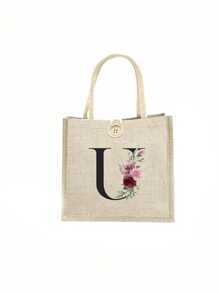 1 pieza Bolso de mano con flor de lino y letra, bolso de gran capacidad sencillo, bolso de almacenamiento casual portátil, bolsa de compras multifuncional, bolsa de regalo personalizada, adecuada para bodas, cumpleaños, playas, festivales, regalos perfectos para mujeres, maestros, amigos, damas de honor, bolsos grandes, estudiantes y vuelta a clases