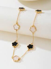 1 pieza Elegante collar de cadena larga con colgante de trébol negro y blanco, apropiado para uso casual diario - Blanco y Negro - Ver 5