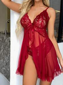 2 piezas Camisolas de encaje con escote en V sexy para mujer, ropa de dormir, lencería, rave