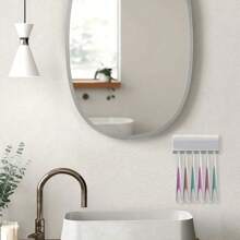 1pc Toothbrush Holder, Hole-Free Wall Mount Toothbrush Holder, Multi-Function Toothbrush & Toothpaste Rack, White, Plastic Self-Adhesive 6-Slot Toothbrush Holder, Home Bathroom Decor, Autumn Decor, Back To School Decor - Multicolor - View 4