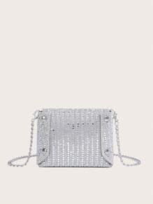 Rhinestone Embellished Mini Square Bag 2024, Fashionable Chain Shoulder Crossbody Bag For Women, Clutch For Party, Wedding, Ball, Silver