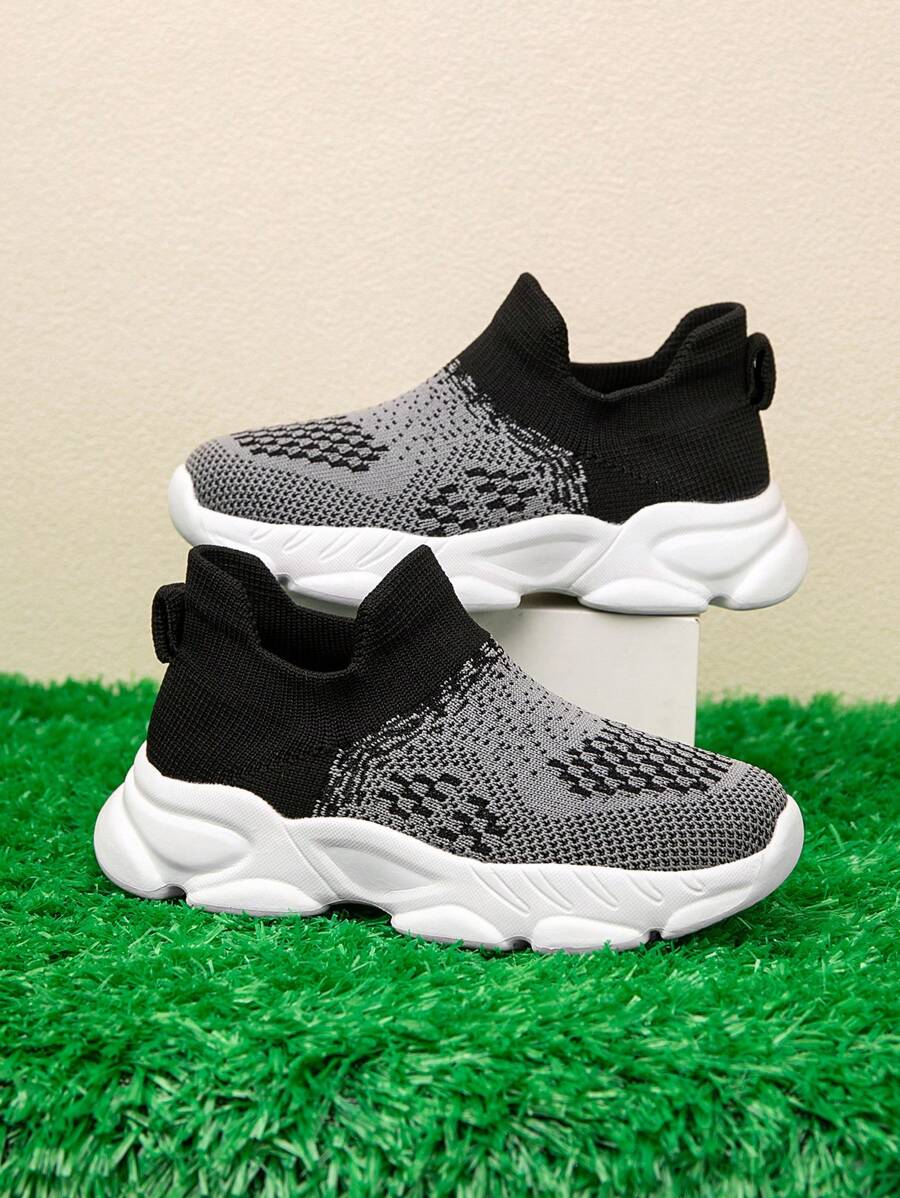 1 Pair Kids Knitted Sneakers, Breathable Non-Slip Running Shoes, Comfortable, Versatile, Fashionable & - Grey - View 1