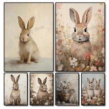 1 pieza Cartel de arte de pared Animales botánicos vintage Pascua Conejo Conejito en campo de flores Liebre Póster de cabaña Pintura en lienzo Arte de pared Decoración para el hogar Regalo perfecto para estudio y sala de estar Decoración Canvas sin marco