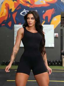 Seamless High Waist Butt Lifting Yoga Gym Sports Jumpsuit L608 - 黑色 - 查看 5