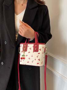 时尚迷你樱桃印花 PU 拉链女士手提包、单肩包、斜挎包、迷你水桶包、圣诞礼物、耐刮擦 PU 材质、适合购物、约会、派对、通勤、可调节肩带、优雅简约休闲红色女士手提包 - 彩色 - 查看 7