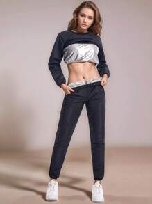 2pcs Women Sauna Suit Set Fitness Exercise Sweat Suit Long Sleeve T-Shirt Crew Neck And Leggings For Comfort And Performance Sweat Sauna Tank Tops Sauna Pants Heat-Trapping Workout Outfit Training And Running Fitness Cycling Yoga Pilate