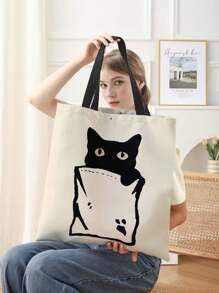Cat Pattern Double-Sided Printed Linen Shoulder Tote Bag Shopping Bag Shoulder Bag Casual Travel Beach Bag Large Capacity Reusable Shoulder Shopping Bag