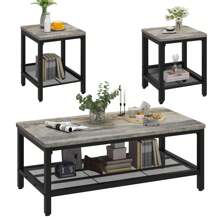 Coffee Table Set Of 3, Industrial Coffee Table With 2 Square End Side Tables, Living Room Table Set With Metal Frame For Apartment Home Office - Xám - Xem 8