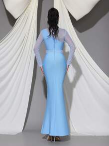 New Sexy Pearl Decor Mesh Patchwork Long Sleeve BodyconLong Bandage Dress, Elegant For Wedding Guest, Party, Birthday, Formal Evening Gown Eid Al Fitr Dress - Baby Blue - View 7