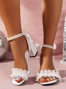 SDEMIN Women's Elegant Pearl Ankle Tie Bowknot Block Heel Sandals - Metallic Open Toe Ruffled Dress Sandals For Party, Wedding, Date, Evening Events - trắng - Xem 4