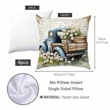 4pcs Vintage Watercolor Daisy Truck Bicycle Pillow Case Set, Single-Sided Soft Peach Velvet Fabric, 40*40/45*45/50*50CM Cushion Cover Suitable For Indoor Decor, Party, Gift - Multicolor - View 2