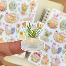 3 STUKS Handgemaakt Stickervel - Pasen | Esthetische Stationery Stickers Met Konijntjes En Bloemen. Geweldig Voor Dagboeken, Enveloppen En Kaarten