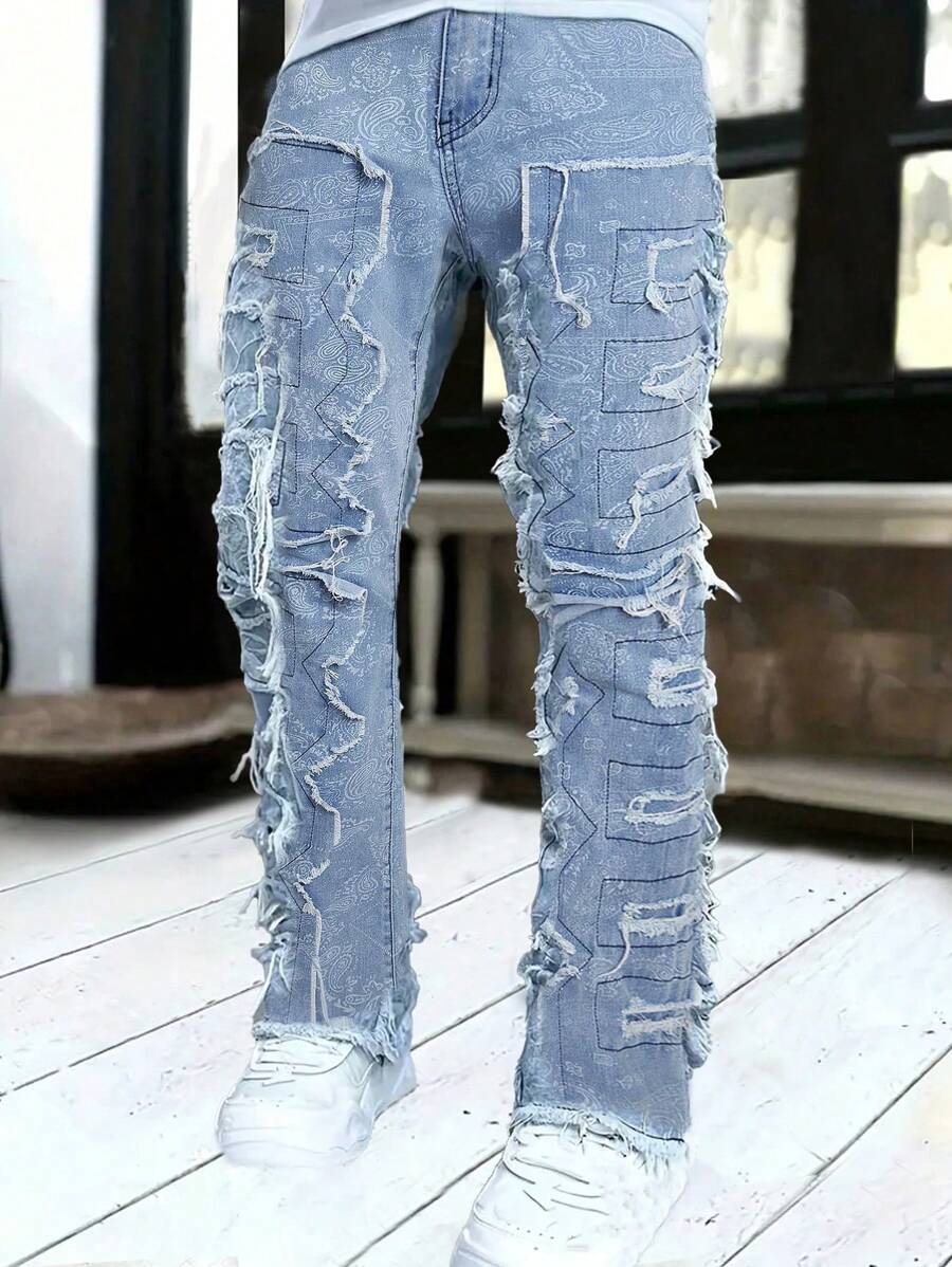 Men's Fashionable Letter Print Distressed Slim-Fit Jeans - Medium Wash - View 1
