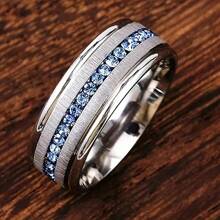 1 Fashionable 8mm Men's Stainless Steel Wedding Engagement Ring, With A Frosted Surface Inlaid With 1 Circle Of Blue Synthetic Cubic Zirconia, Which Is Very Beautiful And The Best Holiday Gift