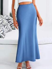Women Spring Satin Silk Skirt High Waist Flared A-Line Long Maxi Skirt Solid Color Summer Elegant Cocktail Party Evening Wedding Club Valentine Long Skirt - Màu xanh lam - Xem 3