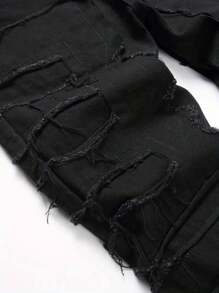 Men's Elastic Patched Cat Whisker Distressed Slim Fit Flared Jeans, Emo Style - Black - View 4