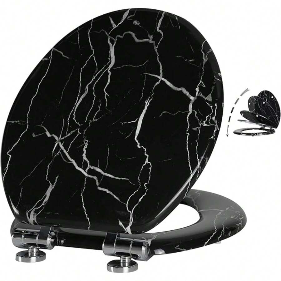 Angel Shield Marble Toilet Seat Durable Molded Wood With Quiet Close, Easy Clean, Quick-Release Hinges Round Toilet Seat (Round, Green Marble) - Black Marble-Round - View 1
