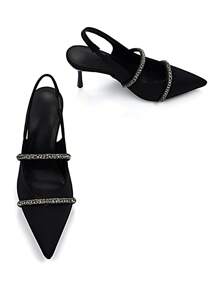 秋冬女士优雅水钻装饰黑色莱卡尖头细高跟凉鞋，性感迷人，适合日常穿着和派对，优雅时尚，派对必备。
