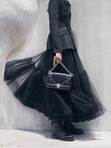 1pc Fluffy Black Tulle Maxi Skirt, Elegant Pleated Skirt, Women Ballroom Dance Dress, Female Skirt