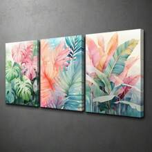 3 pièces/set, Peinture décorative encadrée suspendue sur canevas, affiche, art mural, ensemble d'art sur canevas aquarelle de feuilles tropicales, impressions vibrantes de Monstera et de palmiers, décoration murale de style bohème pour salon, chambre à coucher, bureau à domicile - Style moderne/classique, utilisation intérieure/extérieure, décoration de pièce