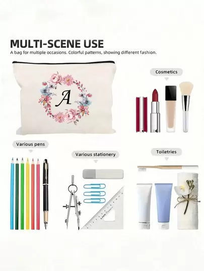1pc Fashionable Minimalist Floral Print Patchwork Makeup Bag, White Small Size, Peony Flower & Black Letter A-Z, Cosmetic Bag, Portable Toiletry Bag, Birthday Gift, Reusable Makeup Bag, Minimalist Large Capacity Travel Makeup Bag, Suitable For Youth, Can Store Earphones, Accessories, Wallet, Multi-Functional Portable Youth Gift, Portable Casual Storage Bag.