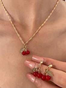 1 Set Cherry Red Necklace And Earrings Jewelry Set, Delicate Exquisite Necklace Earring Suit, Niche Design High-End Accessories For Women
