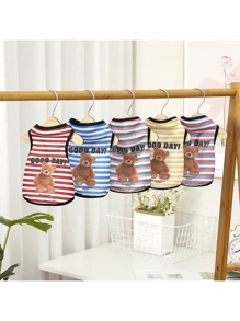 条纹卡通印花宠物背心衬衫，透气狗/猫衣服薄款无袖背心 - 藍色 - 查看 5