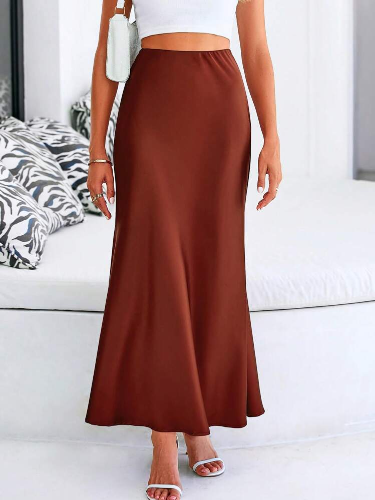 Women Spring Satin Silk Skirt High Waist Flared A-Line Long Maxi