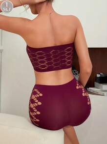 Geometric Hollow Oversized Underwear Set Comfortable High Elasticity Seamless Women's Boxer Briefs Lingerie Bra - Purple - View 2